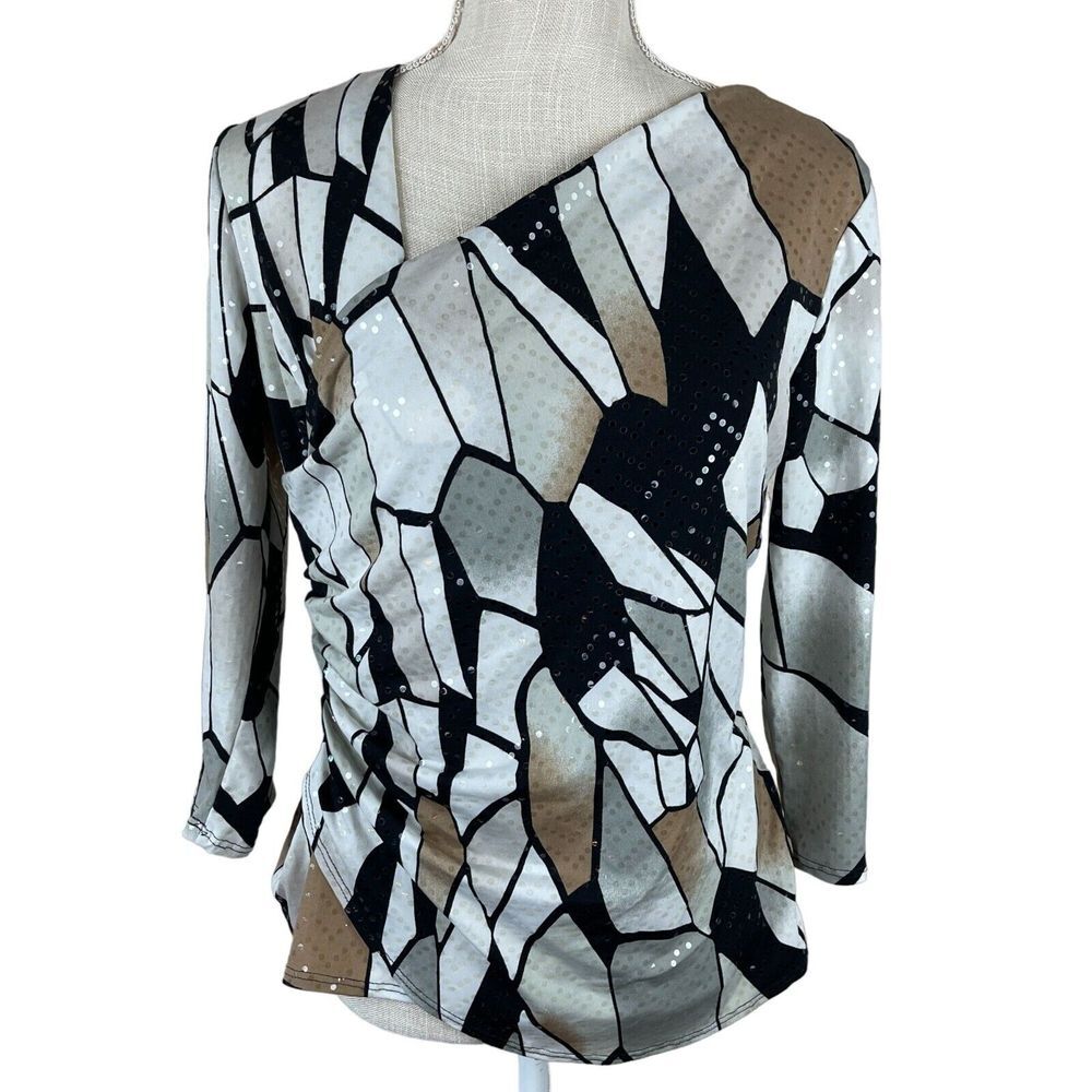 MSK Sequin Blouse Womens M Black Beige Asymmetrical Unique 90s Y2K Artsy Top‎